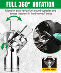 20 Piece Socket Extension Set With One Quarter Inch Drive, Three Eighth Inch Drive, And One Half Inch Drive, Swivel Universal Joints And Adapters, Pro Grade SuperKrome Finish, Premium CRV Construction For Durable Torque And Easy Cleaning showing 360-degree swivel universal joint in use.
