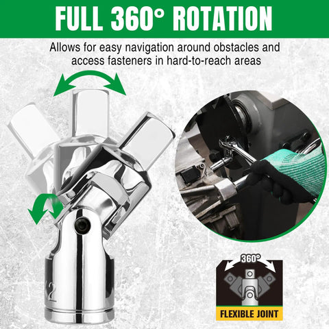 20 Piece Socket Extension Set With One Quarter Inch Drive, Three Eighth Inch Drive, And One Half Inch Drive, Swivel Universal Joints And Adapters, Pro Grade SuperKrome Finish, Premium CRV Construction For Durable Torque And Easy Cleaning showing 360-degree swivel universal joint in use.