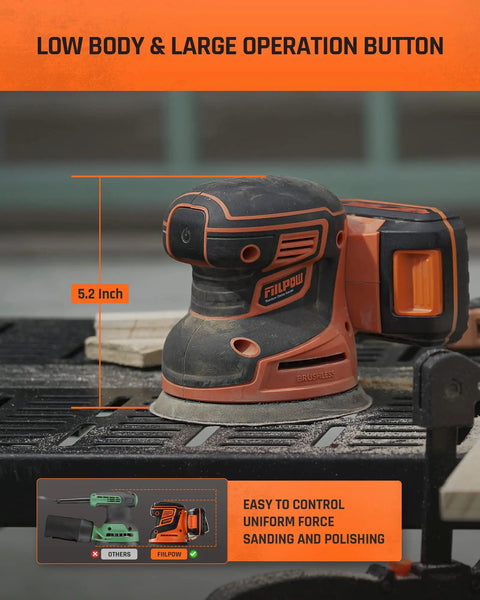 Cordless Random Orbital Sander 20V Brushless With 2.0Ah Battery on workbench showing size and easy control features