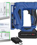 2 In 1 Cordless Brad Nailer And Staple Gun With Brushless Motor for DIY and Upholstery work showing blue body, staples, and battery.