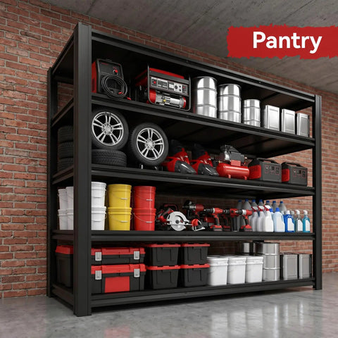 Heavy Duty Five Tier Garage Shelving Rack With 5000 Lbs Capacity Boltless Adjustable Metal Storage For Garage Warehouse Basement Shop Pantry 84 Inch High By 62 Inch Wide By 24 Inch Deep Black, pantry use