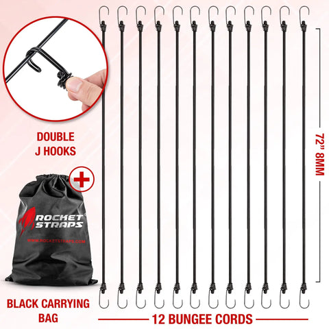 Beefy Outdoor Bungee Cord Set With 12 Heavy Duty Cords 72 Inch Long Double J Hooks Multipurpose Elastic Straps For Camping Securing Gear And DIY Projects