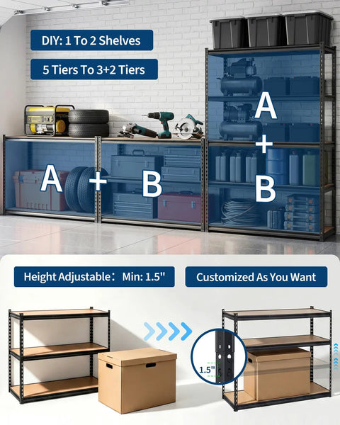 Beefy 5-Tier Steel Shelving Unit With 60 Inch Wide 24 Inch Deep 72 Inch High Carbon Steel Frame Holds Up To 2,500 Lbs Total Capacity With 500 Lbs Per Shelf For Heavy Tools Boxes And Large Equipment in garage
