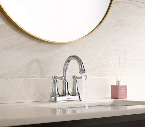 Chrome 4 Inch Centerset Bathroom Faucet with Two Handles for 3 Holes and Pop Up Drain Slick High Arc Vanity Lavatory Tap