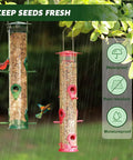 Double Pack Tube Bird Feeder With 6 Ports Hanging Design For Backyard Birds Weatherproof Hard Plastic With Steel Hanger See Through Seed Chamber 18.2 Inch Large Red And Green