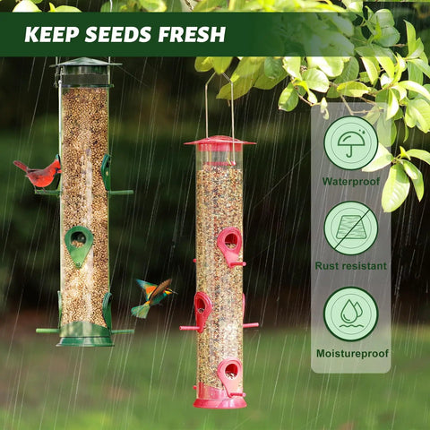 Double Pack Tube Bird Feeder With 6 Ports Hanging Design For Backyard Birds Weatherproof Hard Plastic With Steel Hanger See Through Seed Chamber 18.2 Inch Large Red And Green