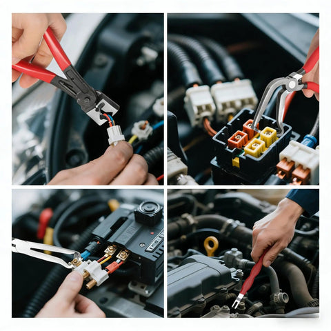 5 Piece Electrical Disconnect Pliers Kit With Gloves For Quick Release Auto Connector Tool in use on car wiring