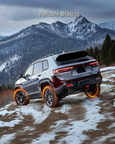 Rear view of SUV in snowy terrain demonstrating Plug And Play Rear Park Brake Actuator Electronic Parking Brake Motor Fits Chrysler 200 Jeep Cherokee Compass 2014 To 2023 Replaces 68225300aa 68225300ab Secure Grip.