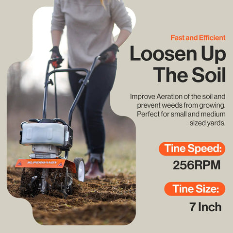 Person using Beast Compact Gas Powered Mini Tiller Cultivator With 52cc Engine 1.8HP in a garden, focus on tiller in soil.