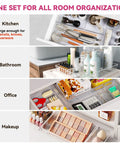 Big 26 Pack Drawer Organizer Bins In Clear Plastic, 5 Size Set in use in kitchen, bathroom, office, and makeup settings