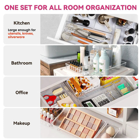 Big 26 Pack Drawer Organizer Bins In Clear Plastic, 5 Size Set in use in kitchen, bathroom, office, and makeup settings