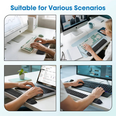 Keyboard Wrist Rest Memory Foam Pad For Pain Relief And Comfort in various work and gaming setups with ergonomic support and non-slip design.