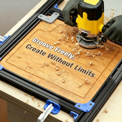 Buttery Smooth Adjustable Router Jig For Cutting Board Handles Corner Guide in use on wood, carving grooves with precision.