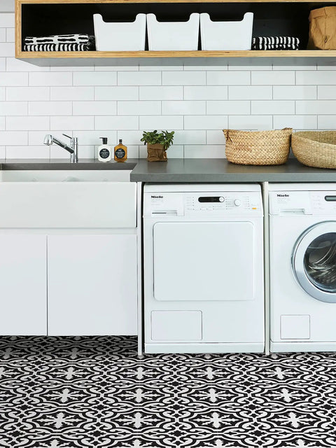 Black and white patterned DIY Friendly Peel And Stick Floor Tiles For Farmhouse Kitchens Easy No Mess Install Water Resistant Vinyl