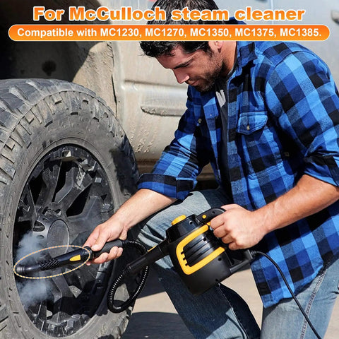 Heavy Duty Steam Jet Nozzle Straight Up Perfect Replacement For McCulloch Models Mc1230 Mc1270 Mc1350 Mc1375 Mc1385 Steam Cleaners in use, cleaning a tire.