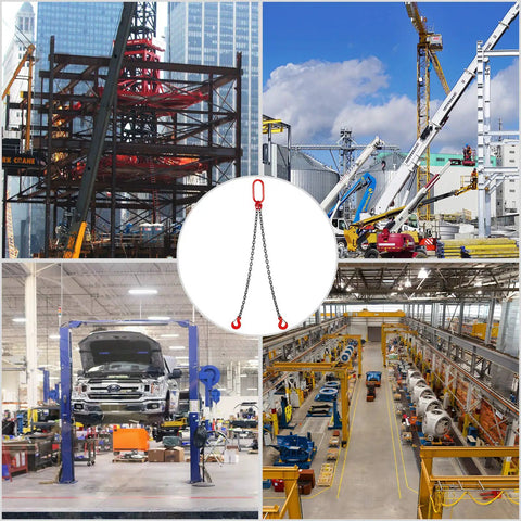 Heavy Duty 3 Eighth Inch By 5 Foot Double Leg Chain Sling With Grab Hooks G80 Manganese Steel Chain Ultra Tough Lifting Slings For Industrial Use 8800 Lb Working Capacity 4 Ton Lift Capacity used in construction and factory lifting