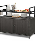 Outdoor Storage Cabinet With Wheels And Black Glass Top For Patio And Poolside No Fuss All Weather Wicker Cart With 56 Gallon Open Space And 70 Gallon Cabinet Side Hooks For Easy Organization Dark Brown