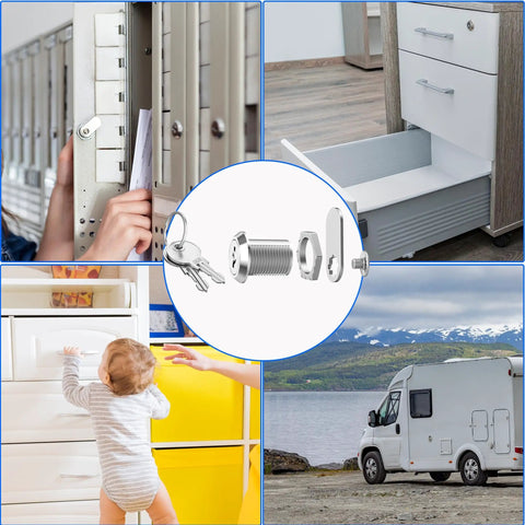 5 Pack Keyed Alike Cabinet Locks With Keys Five Eighth Inch Upgraded Thickened Cylinders Ten Keys To Open All Locks Same Key System Includes Two Lock Plates Five Standard And Five Free Zinc Alloy For Storage Drawers Toolboxes RV Compartments shown installed in drawers and RV.