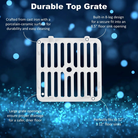 Durable Cast Iron Porcelain Floor Sink Grate Top With Ceramic Surface, 9 3/8 inch square with large openings on blue background