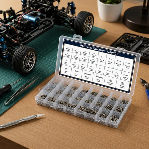 1260 Piece Small Stainless Steel Nuts And Bolts Assortment Kit with organized compartments and tools on a workspace.