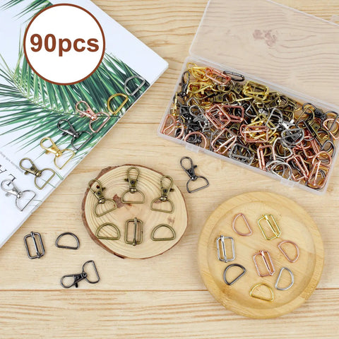 Sturdy Metal Swivel Snap Hooks Bulk Kit With D Rings And Quick Slide Buckles For Keychains Purse Straps Dog Collars And Craft Projects, 90 pcs. Variety of colors and finishes.