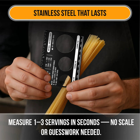 Portion Control Pasta Measurer Tool Stainless Steel Kitchen Gadget For Dope Spaghetti Portions With Built In Ruler In Inches And Centimeters Calorie Guide And Kitchen Conversion Chart Pocket Cooking On Point black stainless steel pasta measurer with spaghetti and ruler