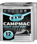 8x10 silver black heavy duty tarp with 12 mil thickness and grommets, waterproof and tear-resistant packaging.