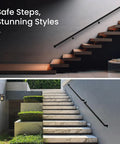 Solid Black Aluminum Stair Handrail DIY Kit With ADA Compliant Wall Returns No Sweat Installation Powder Coated For Indoor Outdoor Walkways Slick Five Foot Grip Bar on modern staircases.