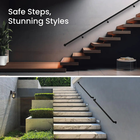 Solid Black Aluminum Stair Handrail DIY Kit With ADA Compliant Wall Returns No Sweat Installation Powder Coated For Indoor Outdoor Walkways Slick Five Foot Grip Bar on modern staircases.
