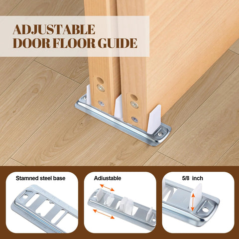 Sliding Closet Door Hardware Kit With Adjustable Floor Guide And Heightening Pads, shown with adjustable floor guide installed on wooden floor.