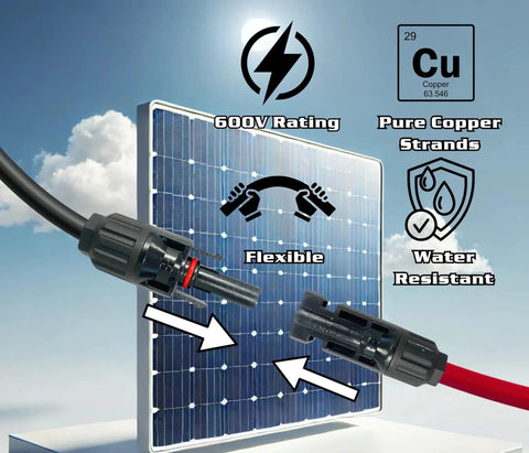 Heavy Duty 10 AWG PV Solar Extension Cable Pair, 15 Ft Black And 15 Ft Red, UL4703 600V, Pure Copper Conductors with connectors.