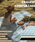 Woman sitting on an Oversized Picnic Blanket 80 By 80 Inches Waterproof And Sandproof For Beach Park Camp Ground Mat.