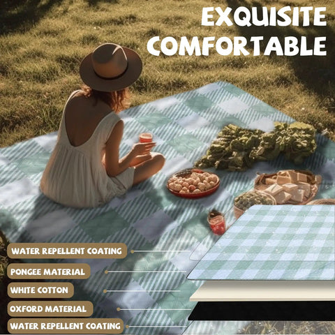 Woman sitting on an Oversized Picnic Blanket 80 By 80 Inches Waterproof And Sandproof For Beach Park Camp Ground Mat.