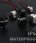 6 pre-wired 12mm Momentary Push Button Switch Waterproof IP65 Black Aluminum Alloy Shell shown on wet surface
