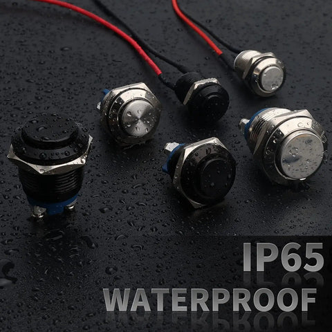 6 pre-wired 12mm Momentary Push Button Switch Waterproof IP65 Black Aluminum Alloy Shell shown on wet surface