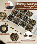 Leather Rivet Kit Pro Grade With 370 Brass Double Cap Rivets and tools in organized storage case for crafting.
