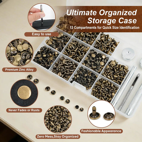 Leather Rivet Kit Pro Grade With 370 Brass Double Cap Rivets and tools in organized storage case for crafting.