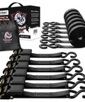 Heavy Duty Ratchet Tie Down Straps One Inch By Fifteen Feet Locks Down Your Rig With Tough As Nails Build And 1500 Pound Bursting Force Secures Motorcycles ATVs Trucks Or Cargo Gear In A Six Pack Black Set With Grippy Rubberized Handles, showing straps and carrying bag.
