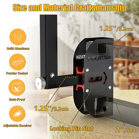 Heavy Duty Wall Mount Hitch Receiver Adjusts From One Point Two Five To Two Inches For Super Clean Garage Setup, detailed view of solid aluminum construction.
