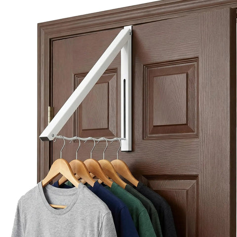 Over The Door Hanger Rack, Foldable Closet Organizer For Clothes And Towels on wooden door with shirts hanging