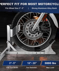 Heavy Duty Aluminum Motorcycle Front Wheel Chock Stand For 15 To 25 Inch Tires, Supports Up To 3000 Lbs, Adjustable Hole Design