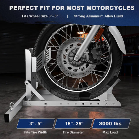 Heavy Duty Aluminum Motorcycle Front Wheel Chock Stand For 15 To 25 Inch Tires, Supports Up To 3000 Lbs, Adjustable Hole Design