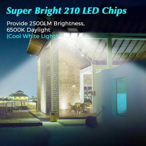 Solar Powered Outdoor Lights With Remote Control No Brainer Bright, 210 LED Flood Light Delivers 2500 Lumens lighting patio area