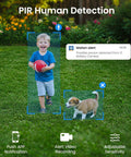 Child and puppy in a garden detected by Outdoor Solar And Battery Powered Security Camera System With 2K Video, 2.4G WiFi, AI Human Detection.
