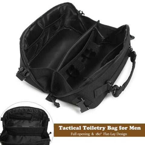 Wide Opening Tactical Pouch For Men With Full Access Design, open to show interior compartments, black 1000D nylon MOLLE style