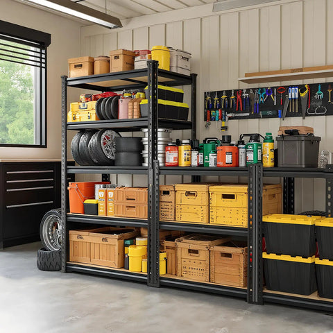 Beefy Heavy Duty Metal Shelves With 2400 Lb Capacity For Garage Pantry Basement And Closet Organization 60 Inch Tall Two Piece Set Multi Use Storage Racks For Home Workshop And Warehouse, black steel in garage