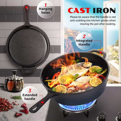 Two In One Cast Iron Dutch Oven With Lid That Doubles As A Shallow Skillet, 3.2 Quart Deep Pot For Searing And Stewing cooking fish