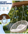 Heavy Duty 304 Stainless Steel Eye Bolts With Nuts Four Pack Marine Grade mounted on wood, securing a hanging chair in a garden.
