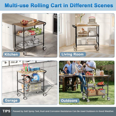 Rolling Kitchen Cart With Wheels, 3-Tier Heavy Duty Utility Cart With Wood Top, shown in kitchen, living room, garage, outdoors