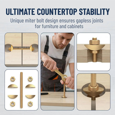 Heavy Duty Countertop Joint Connectors Kit with 6 Sets M8x100mm miter bolts in use, showing joint stability in wood joinery.